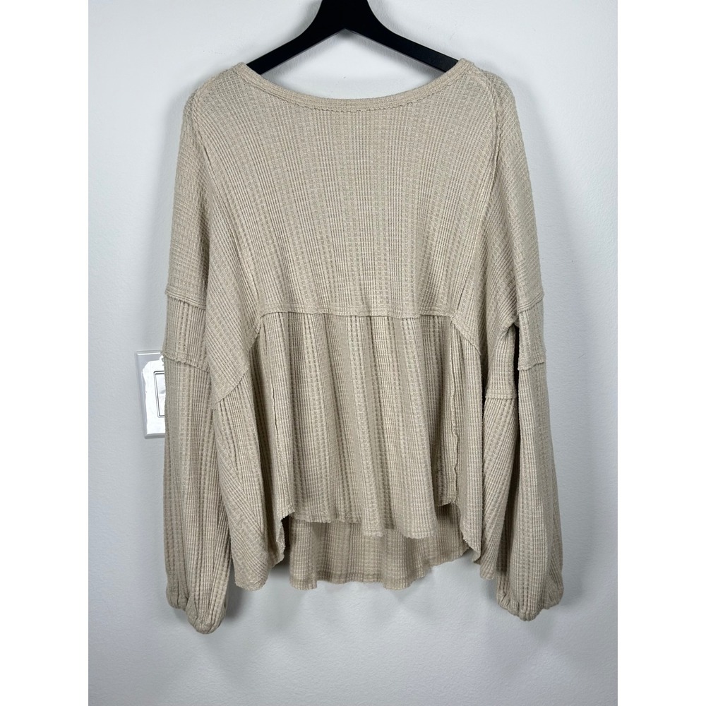 Peplum Waffle Knit Long Sleeve Top Womens Boho Size 1X Ivory Beige